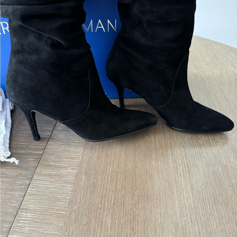 STUART WEITZMAN Lafayette Slouch Pointy Suede Black Heel Dress Boot OTK - Picture 3 of 10